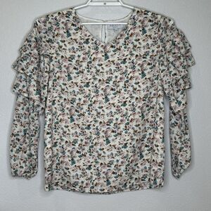 Hayden Women's Top Sz Large Floral Print Long Ruffle Sleeve V-Neck Lined Relaxed